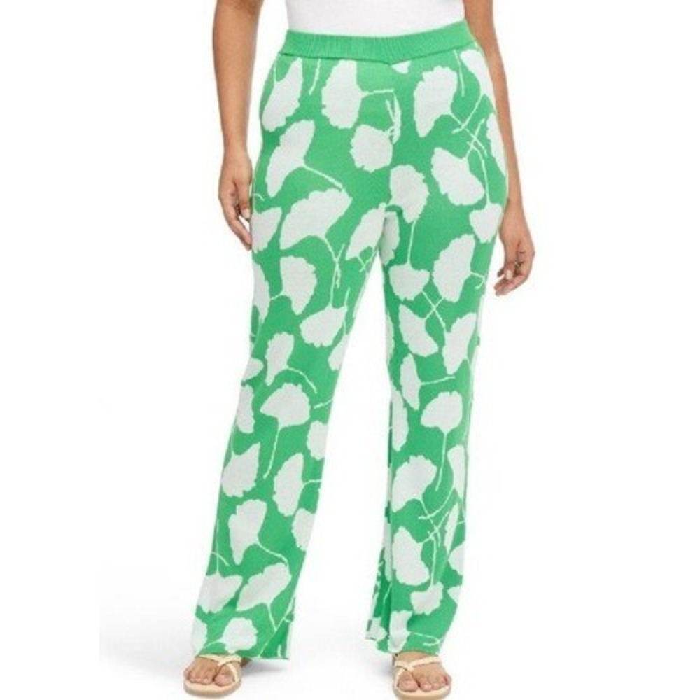 Diane Von Furstenberg x Target Pants S Green Ginkgo Leaf Sweater Knit Wide Leg